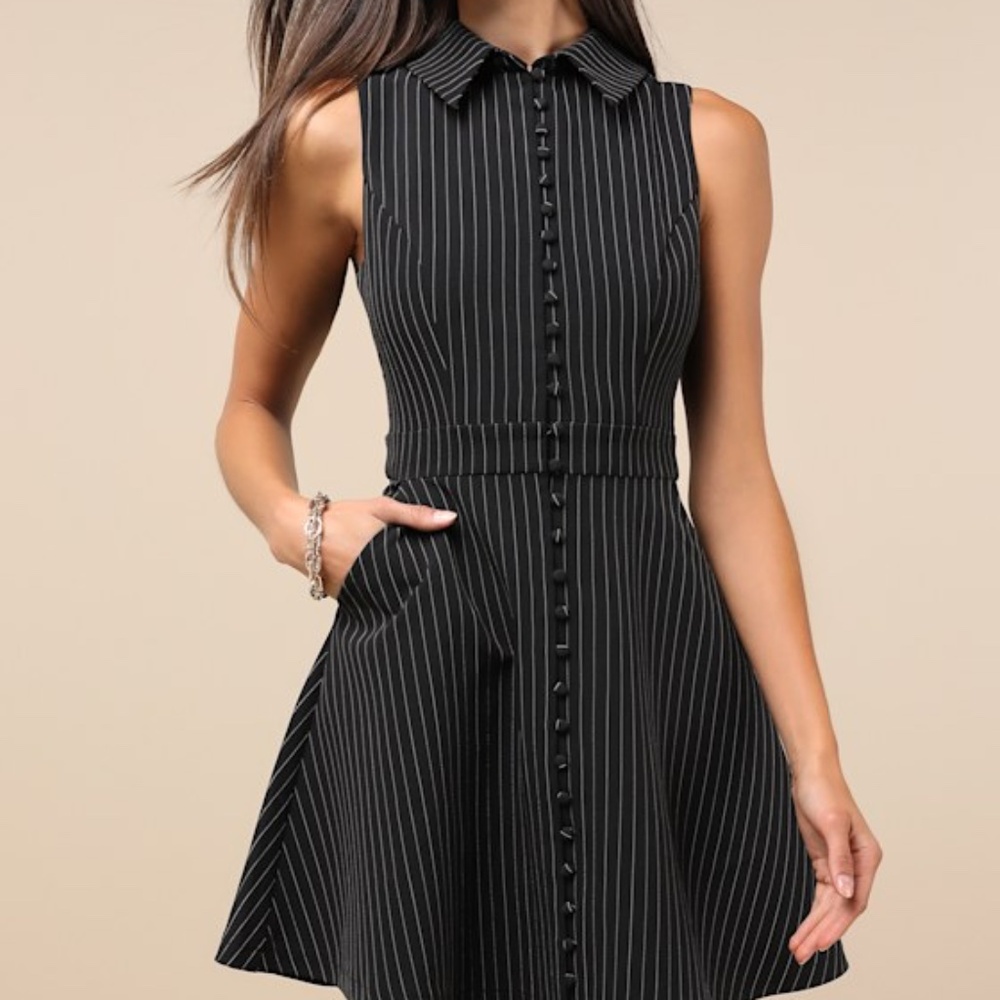 Lulus Totally Poised Black Pinstriped Collared Mini Dress With Pockets - Size L